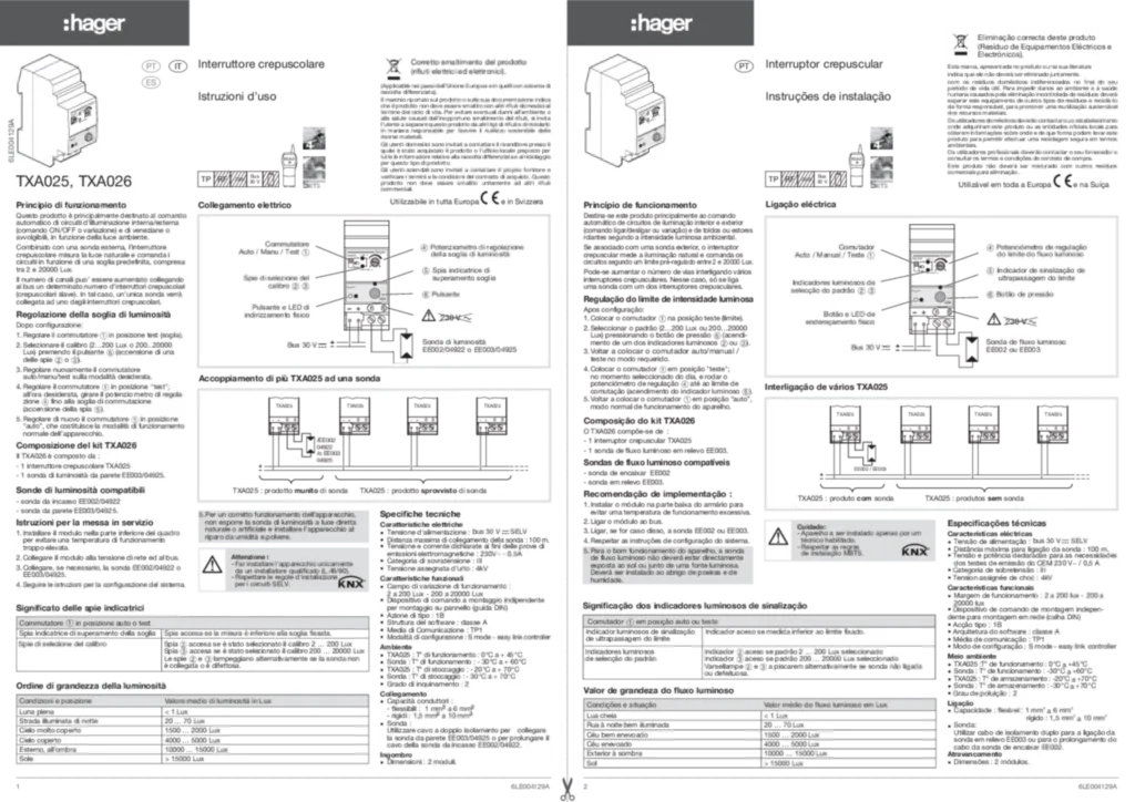 Image NOTICE PRODUIT TXA026 IT-PT-ES | Hager Suisse