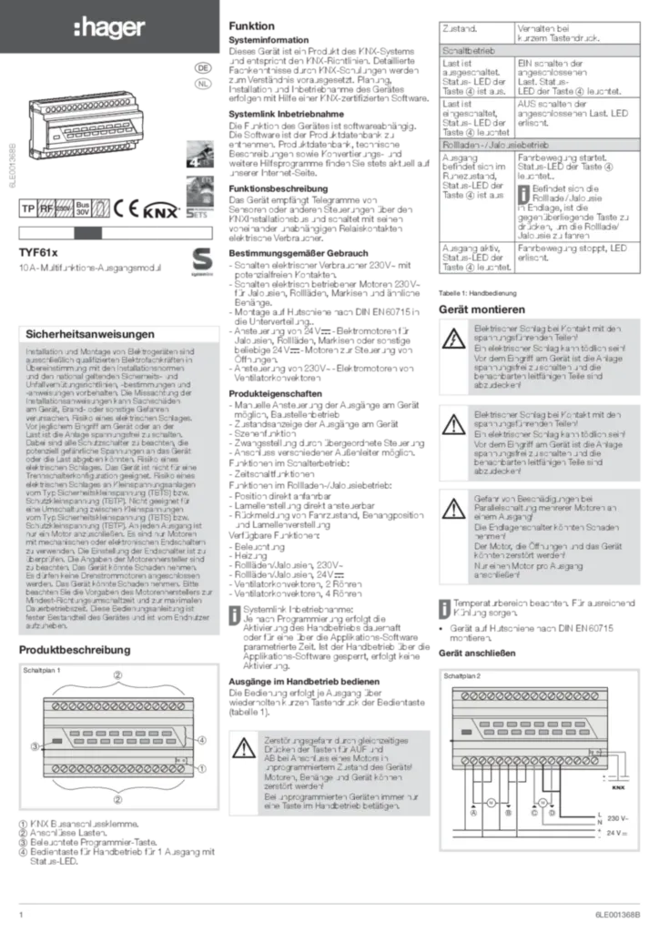 Bild Installationsanleitung für TYF612 - Ausgangs Modul Multifunktions 12/16fach (DE-NL, Stand: 09.2017) | Hager Deutschland
