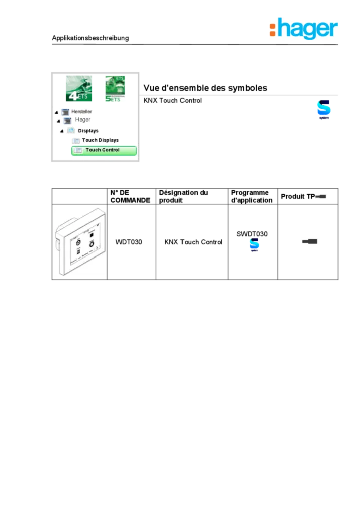 Bild Applikationsbeschreibung ETS für WDT030 - KNX Touch Control Symbole (FR, 2015-07) | Hager Schweiz