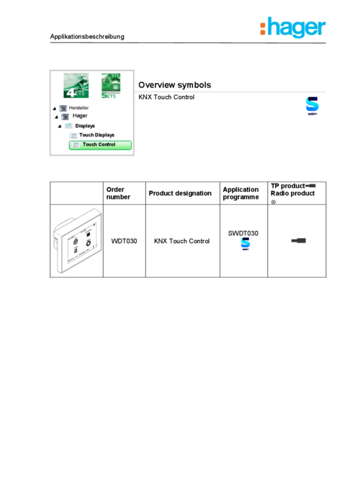 Bild Applikationsbeschreibung ETS für WDT030 - KNX Touch Control Symbole (EN, 2015-07) | Hager Deutschland