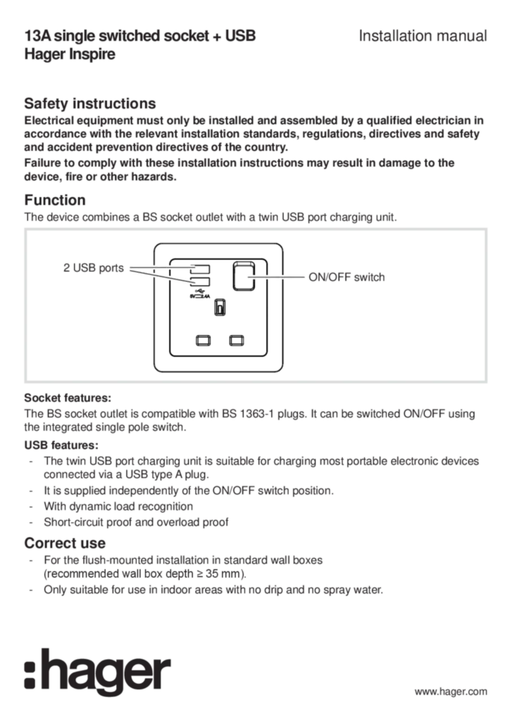 Image Manual for WGCXS113SUSBXX - Switched socket USB (EN, 2019-12)  | Hager