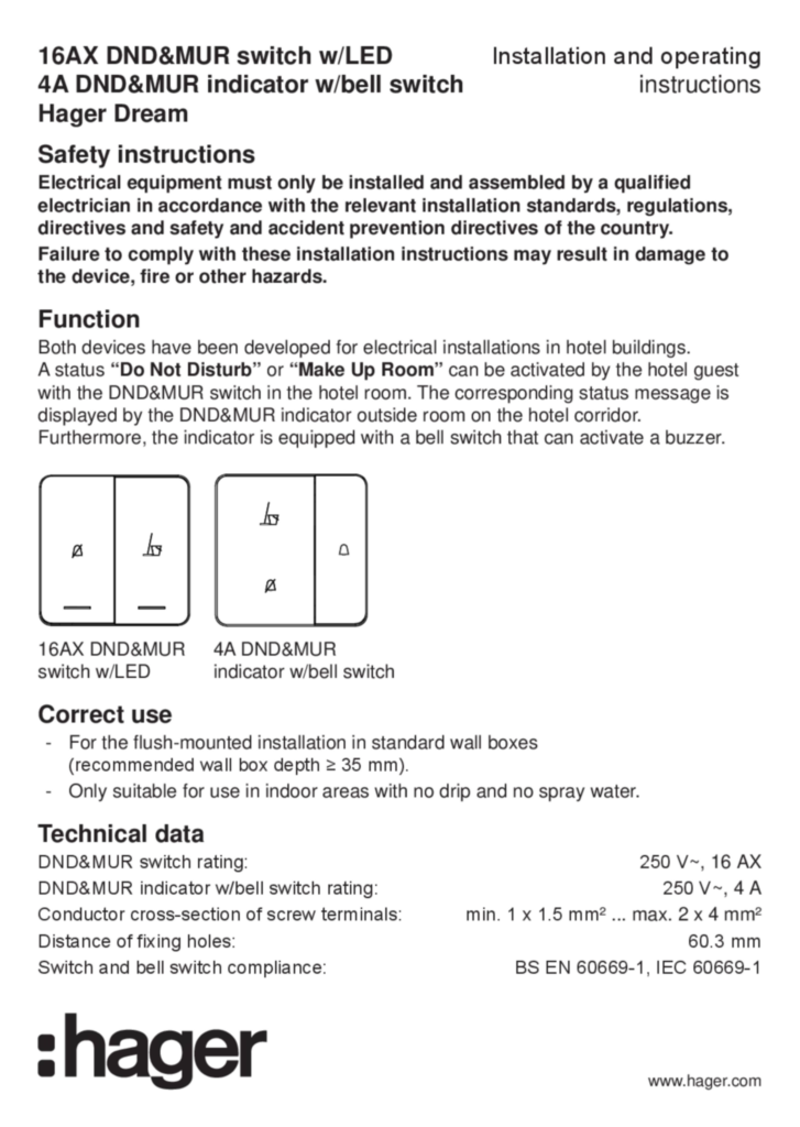 Image Manual for WGDHDCXX - DND-MUR switch (EN, 2019-06)  | Hager