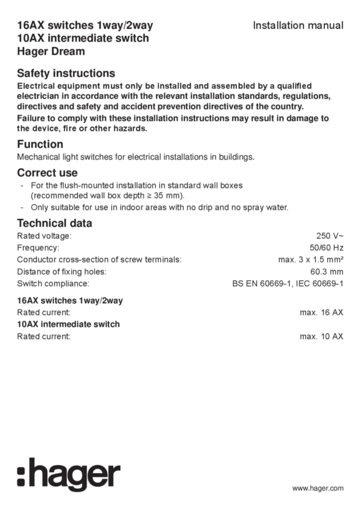 Image Manual for WGDL1XX - Switches, intermediate switch (EN, 2019-04)  | Hager