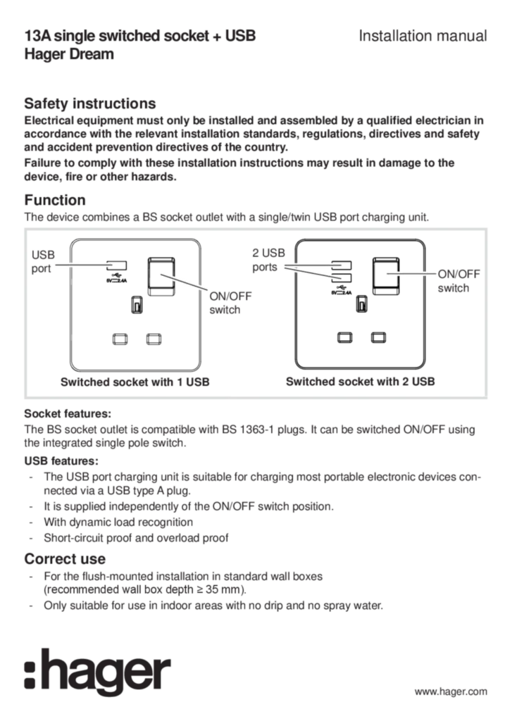 Image Manual for WGDS113SXUSBXX - Switched socket USB (EN, 2020-04)  | Hager