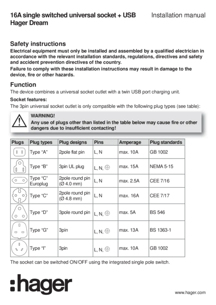 Image Manual for WGDS116ISUSBXX - Switched universal socket USB (EN, 2019-11)  | Hager