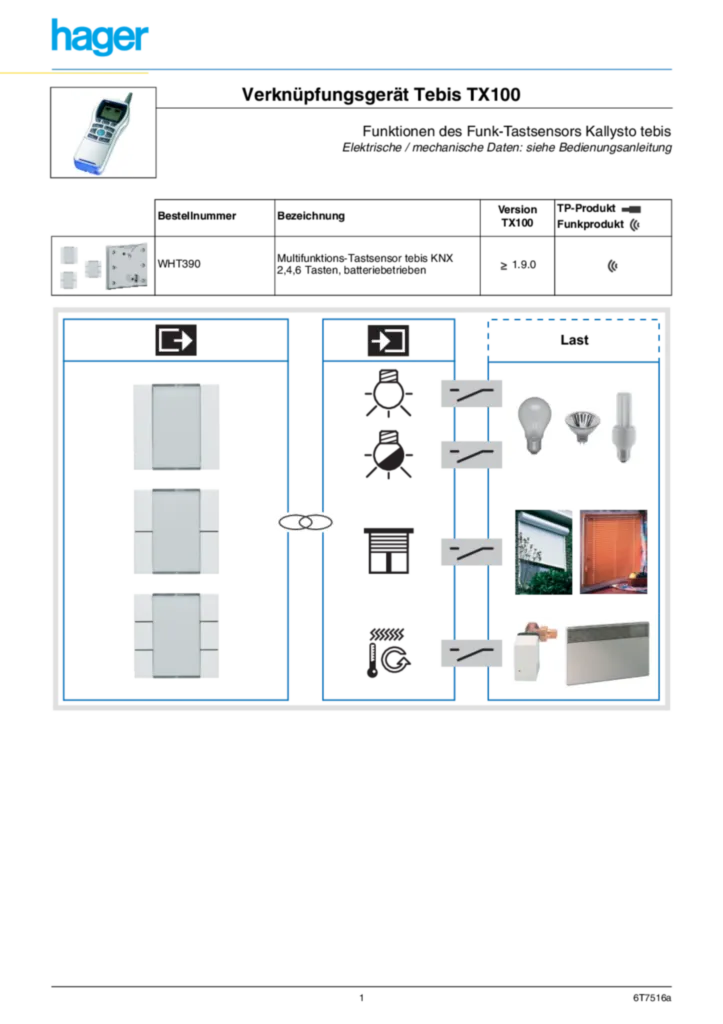 Bild Funktionsbeschreibung TX100 für WHT390 - Multifunktions-Tastsensor (DE, Vers. 6T 7516a) | Hager Schweiz