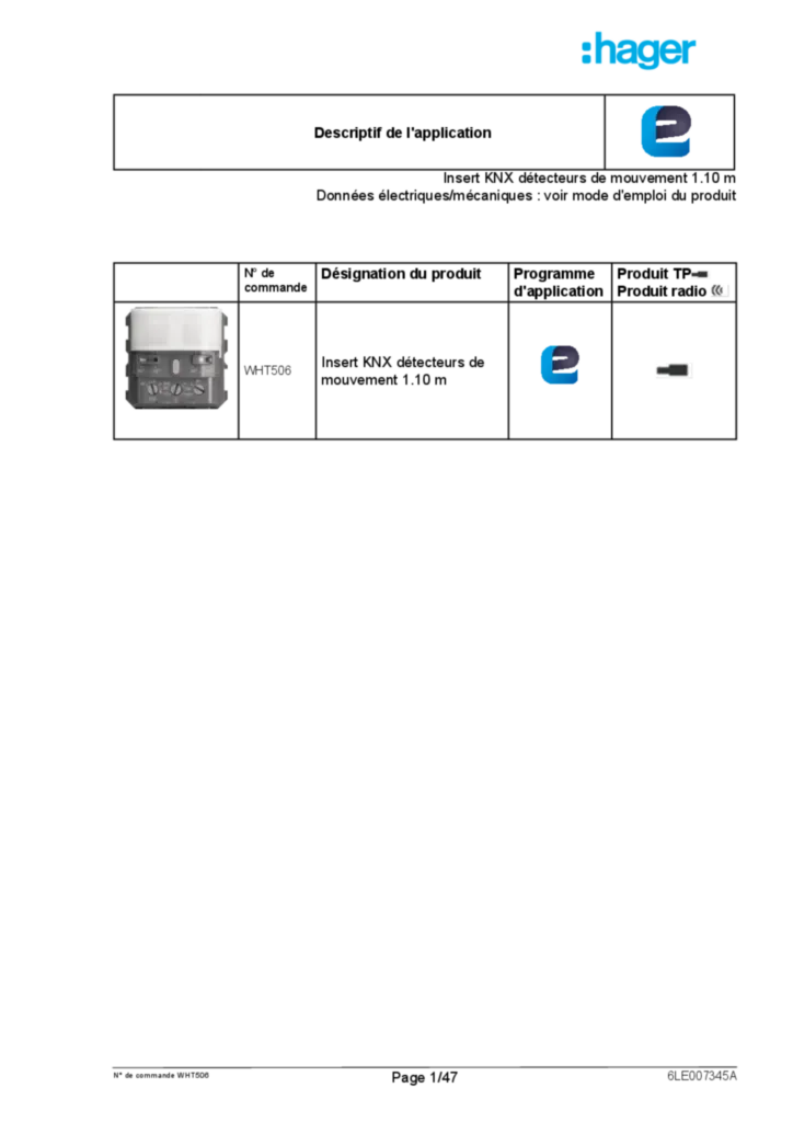 Image Description de l'application ETS détecteur de mouvement KNX  V1.0 (FR, 2020-03), easy link | Hager Suisse