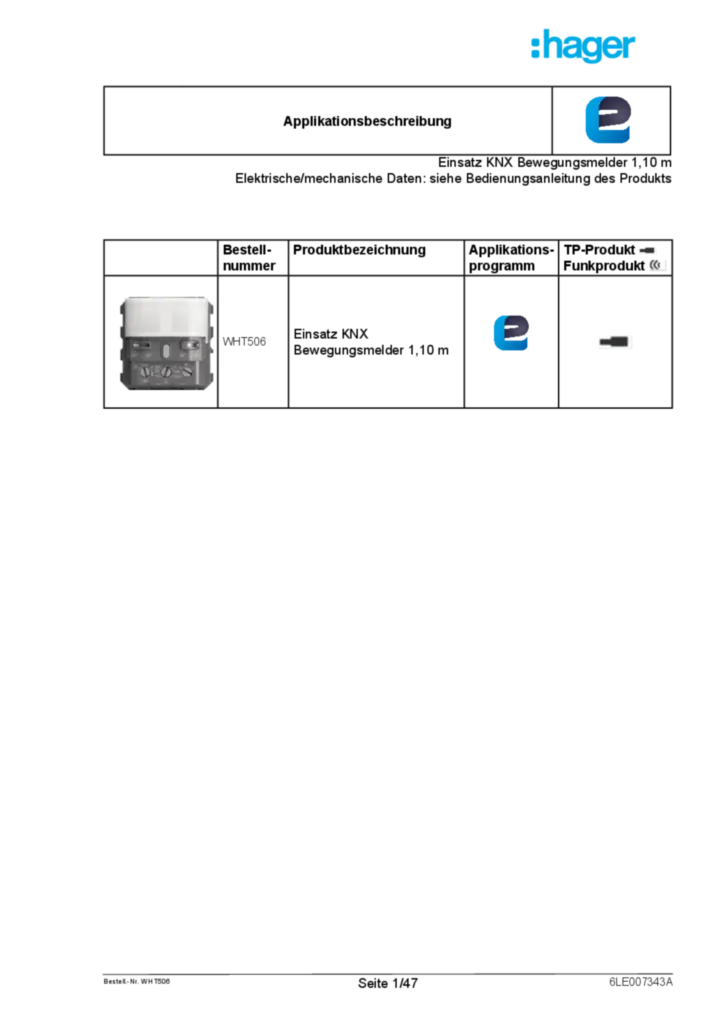 Image Description de l'application ETS détecteur de mouvement KNX  V1.0 (DE, 2020-03), easy link | Hager Suisse