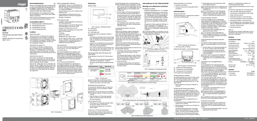 Image Notice d'instruction pour WHT506 - Module de détecteur de mouvement KNX 1,10 m (DE-IT, 2019-12) | Hager Suisse