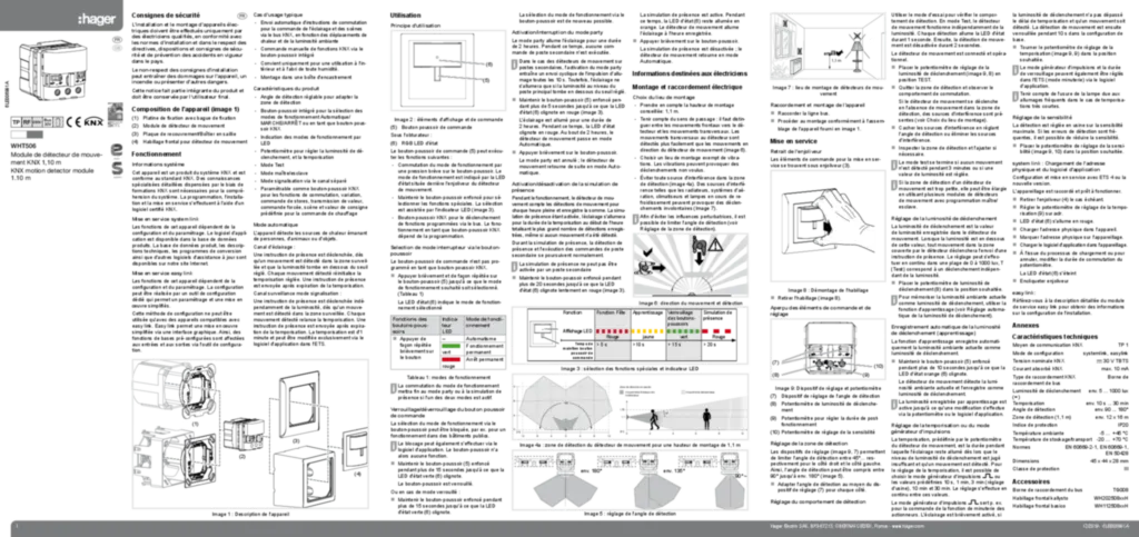 Image Notice d'instruction pour WHT506 - Module de détecteur de mouvement KNX 1,10 m (FR-EN, 2019-12) | Hager Suisse