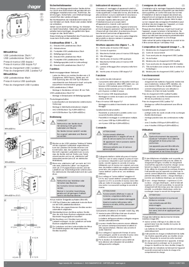 Bild Bedienungs- und Montageanleitung für USB Ladesteckdose 2/4fach (DE-IT-FR, Stand: 03.2019) | Hager Schweiz