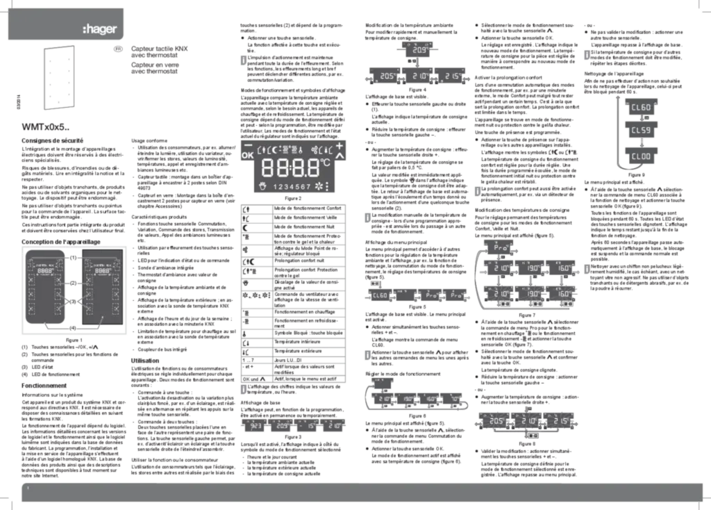 Image Notice d'instruction pour WMTx0x5x - Capteur tactile KNX/Capteur en verre KNX avec thermsotat (FR, 2014-03) | Hager France