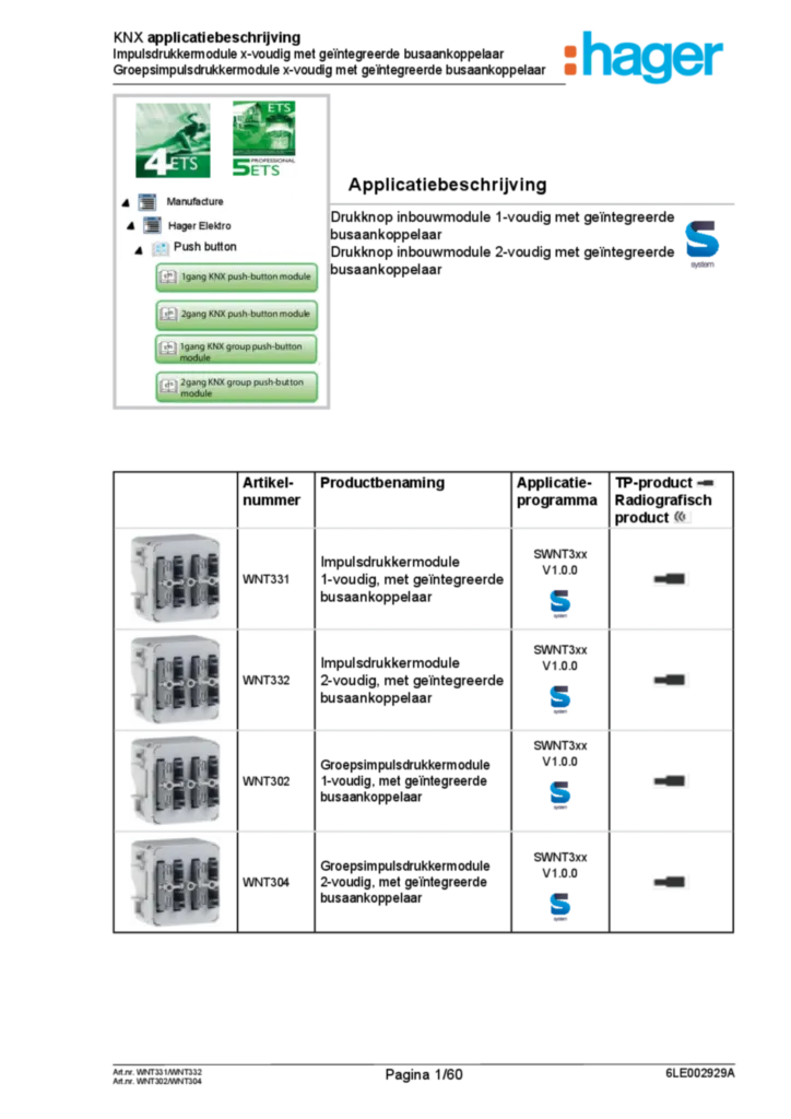 Image Description de l'application ETS pourWNT30X-WNT33X - KNX Cubyko Module poussoir/Module poussoir de groupe 1/2 sorties avec coupleur de bus intégré (IT, 2016-12) | Hager Belgique