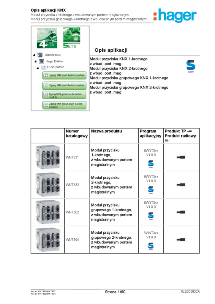 Zdjęcie Application description ETS for WNT30X-WNT33X - Cubyco push button-/group push button mpdule 1-/2gang with bcu (PL, 2016-12) | Hager Polska