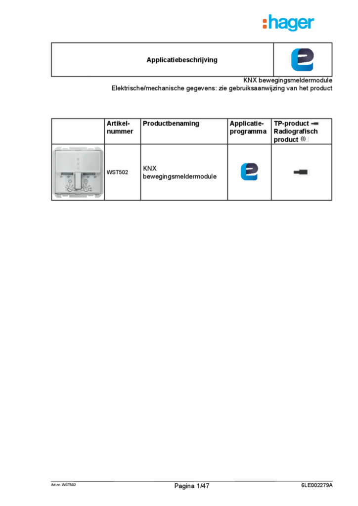 Image Description de l'application ETS pour WST502 - Détecteur de mouvement  avec coupleur de bus intégré (NL, 2016-08), easy link | Hager Belgique