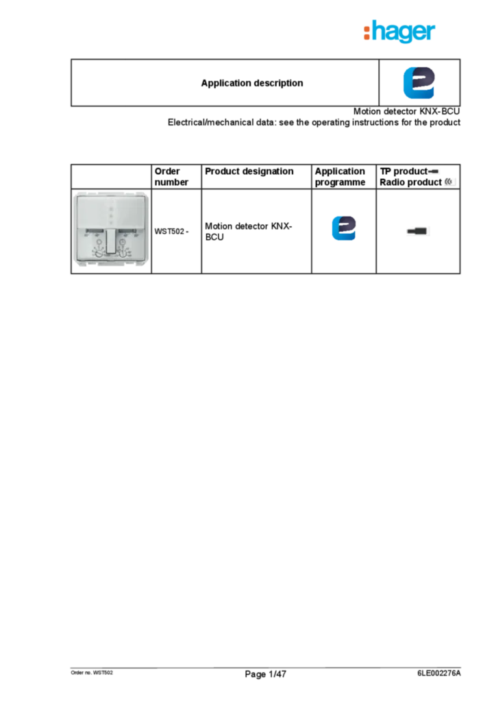 Image Description de l'application ETS pour WST502 - Détecteur de mouvement  avec coupleur de bus intégré (EN, 2016-08), easy link | Hager Belgique