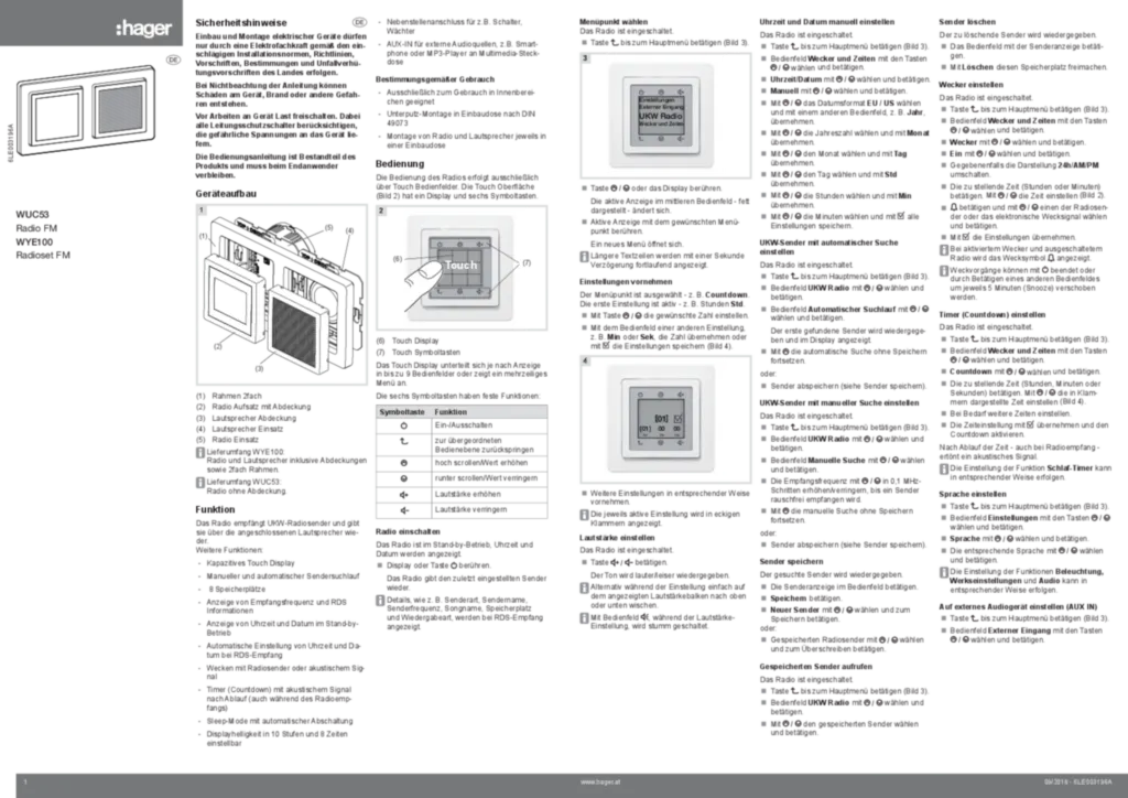 Bild Bedienungs- und Montageanleitung für WUC53-WYE100 - Radio FM (DE, Stand: 09.2018) | Hager Deutschland