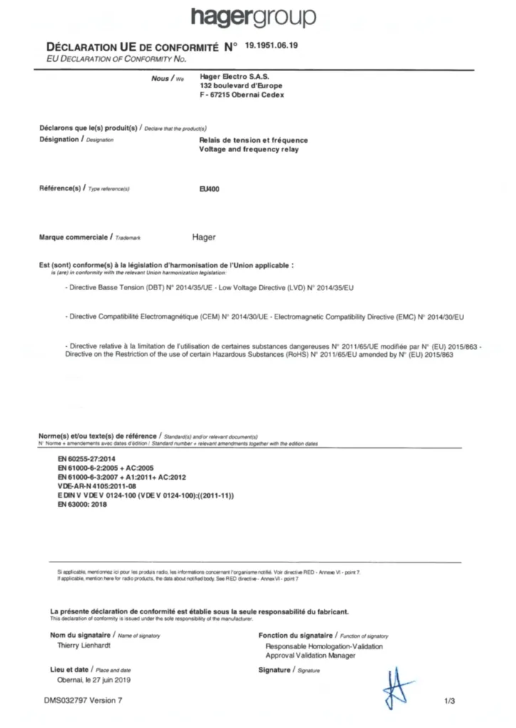 Image Declaration of conformity for Voltage and frequency relay | Hager Suisse