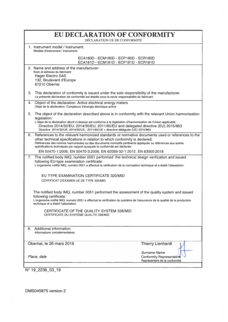 Bild Zertifikat für ECA180D, ECM180D, ECP180D, ECR180D - Energiezähler (Stand: 03.2019) | Hager Deutschland