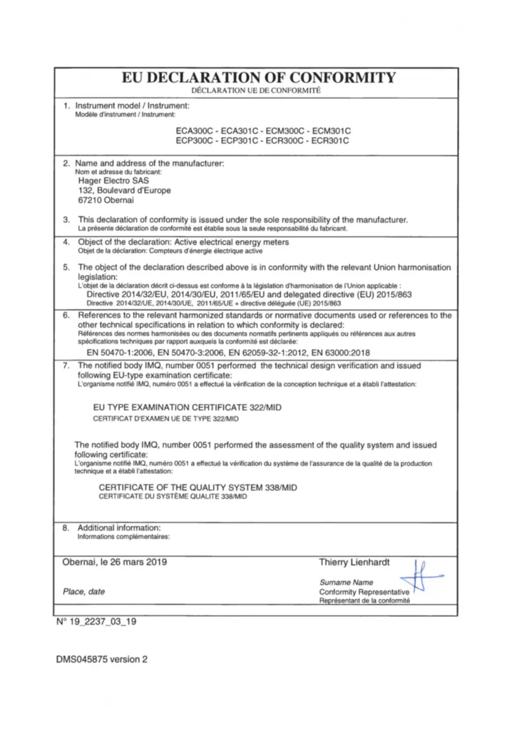 Bild Zertifikat für ECA300C, ECM300C, ECP300C, ECR300C - Energiezähler (Stand: 03.2019) | Hager Deutschland