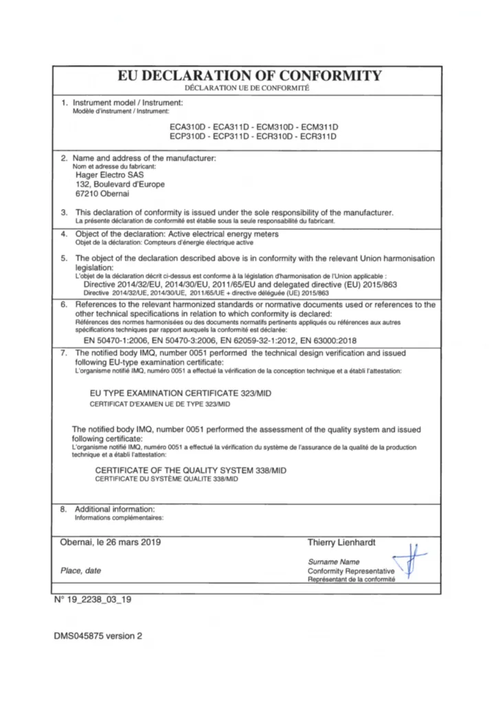 Bild Zertifikat für ECA310D, ECM310D, ECP310D, ECR310D - Energiezähler (Stand: 03.2019) | Hager Deutschland