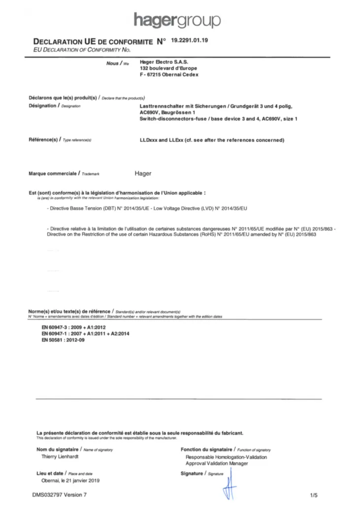 Bild Konformitätserklärung für Lastttrenschalter mit Sicherungen / Grundgerät 3 und 4 polig, AC690V, Baugrössen 1 | Hager Deutschland