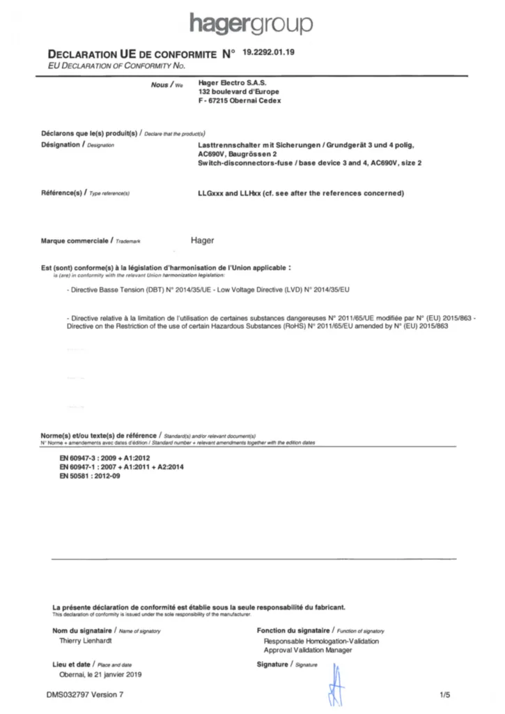 Bild Konformitätserklärung für Lastttrenschalter mit Sicherungen / Grundgerät 3 und 4 polig, AC690V, Baugrössen 2 | Hager Deutschland