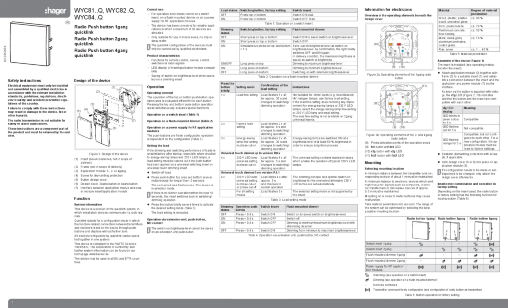 Bild Bedienungs- und Montageanleitung für Funk-Taste (EN, 2018-05) | Hager Deutschland