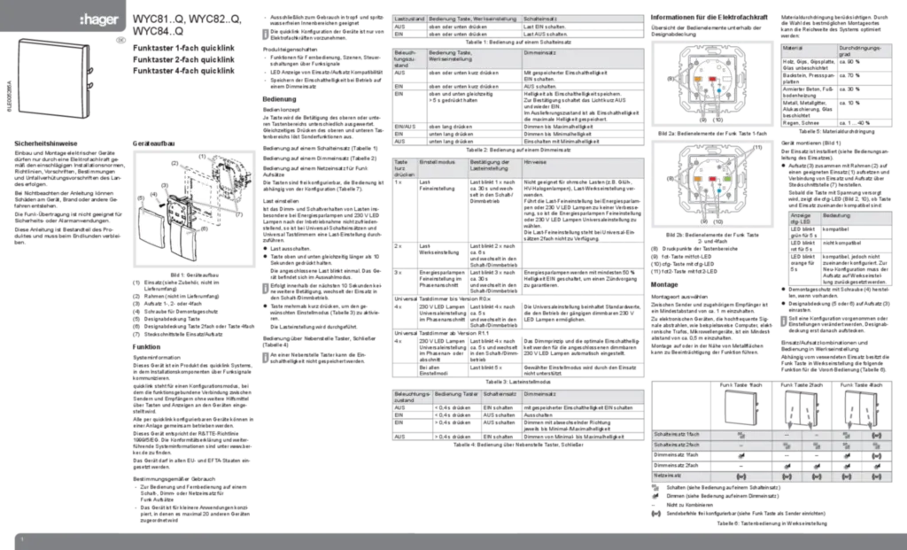 Bild Bedienungs- und Montageanleitung für WYC81xxQ, WYC82xxQ, WYC84xxQ - Funktaster 1-/2-/4-fach quicklink (DE, Stand: 12.2017) | Hager Deutschland