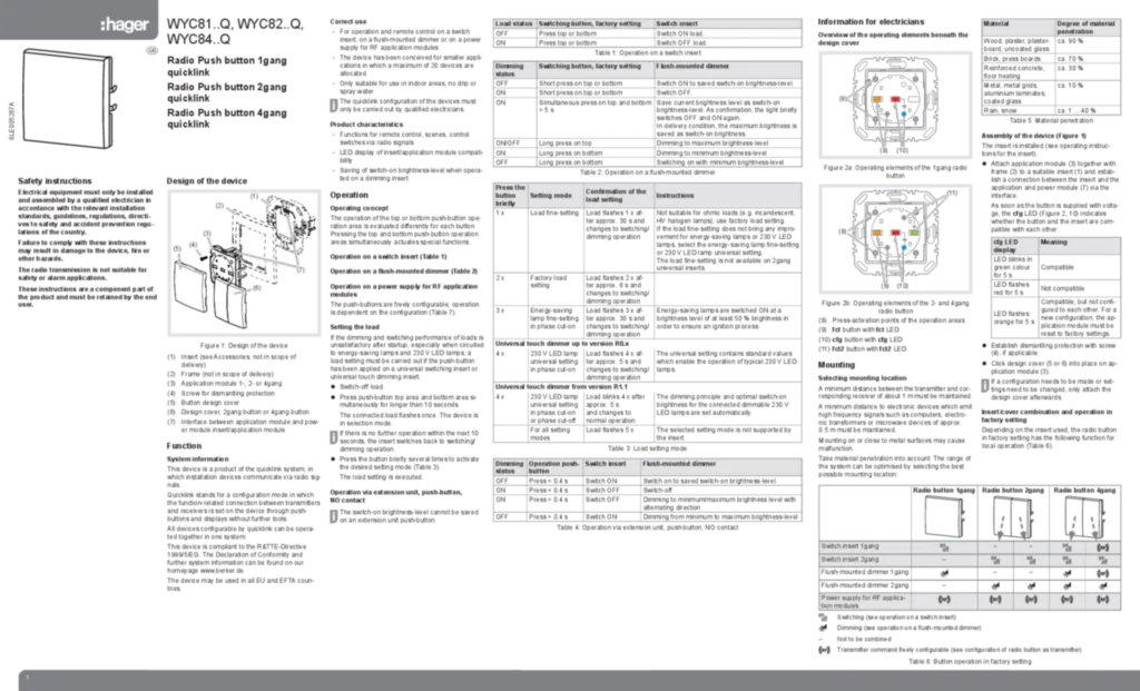 Bild Bedienungs- und Montageanleitung für WYC81xxQ-WYC82xxQ-WYC84xxQ - Funktaster 1-/2-/4-fach quicklink (EN, 2017-12) | Hager Deutschland