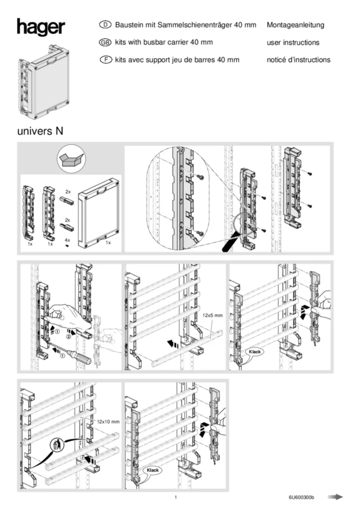 Bild Montageanleitung für UA21A9, UE21A1, ZY23W6, ZY52W2 - Bestückungspaket für Wandler-Komplettfeld UF52W2 (DE-EN-FR, Stand: 03.2002) | Hager Deutschland