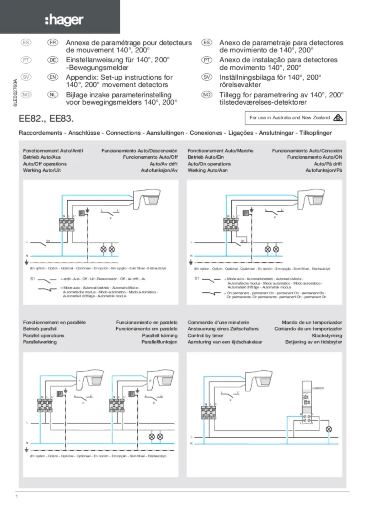 Image Instructions de réglage pour EE82xx-EE83xx - Détecteur de mouvement (FR-DE-EN-NL-ES-PT-SV-NO, 2016-09) | Hager Belgique