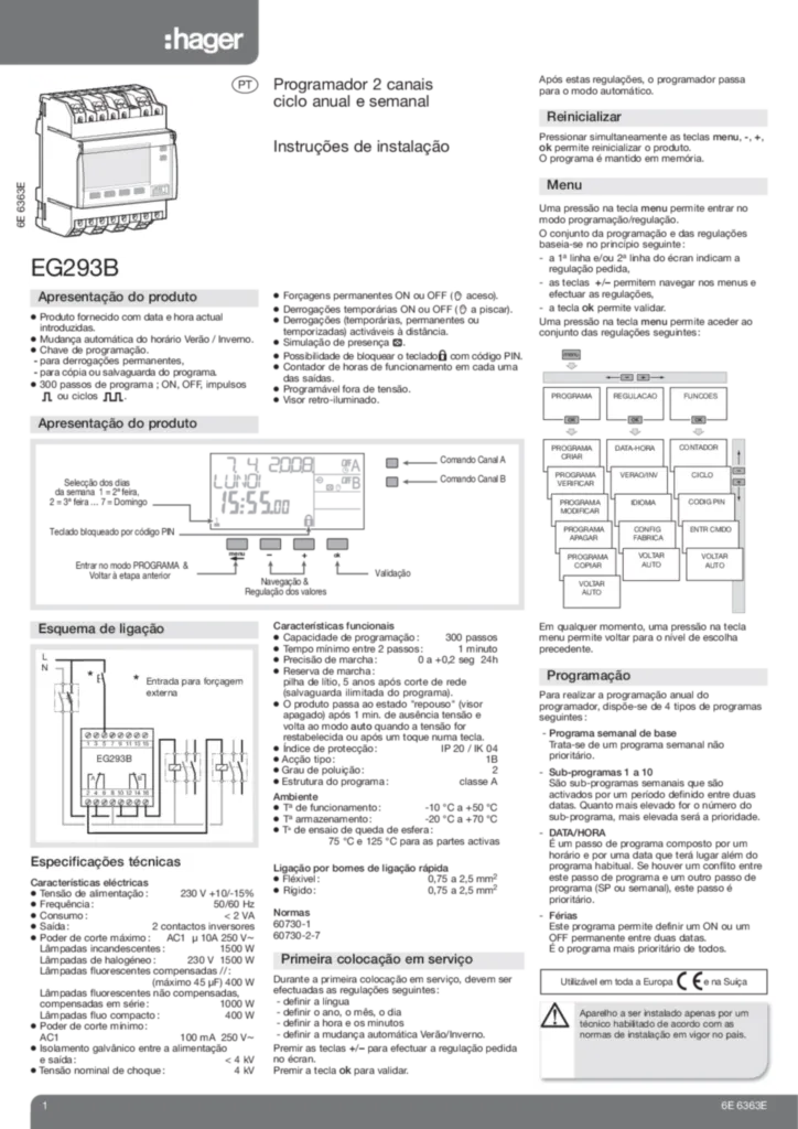 Imagem Programmateur 2 voies cycle annuel et hebdomadaire EG293B | Hager Portugal