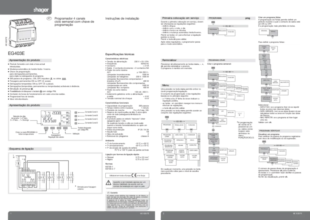 Imagem Programmateur 4 voies cycle hebdomadaire + cle de programmation EG403E | Hager Portugal