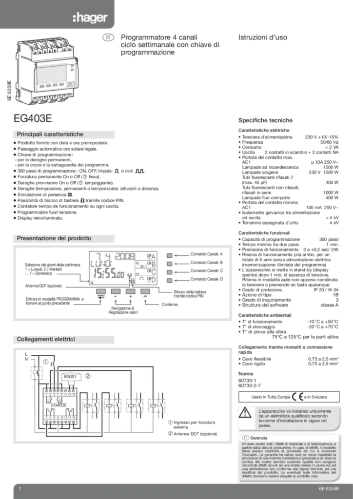 Bild Programmateur 4 voies cycle hebdomadaire + cle de programmation EG403E | Hager Deutschland