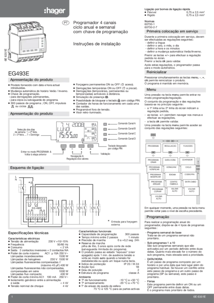 Imagem Programmateur 4 voies cycles annuel et hebdo + cle de programmation EG493E | Hager Portugal