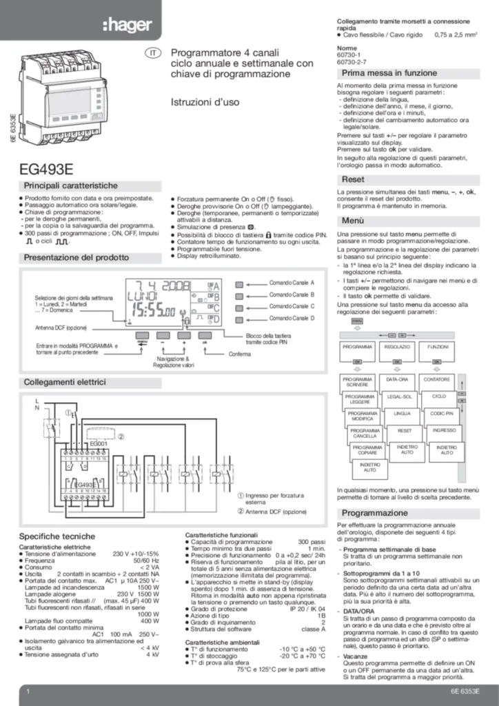 Image Programmateur 4 voies cycles annuel et hebdo + cle de programmation EG493E | Hager Suisse