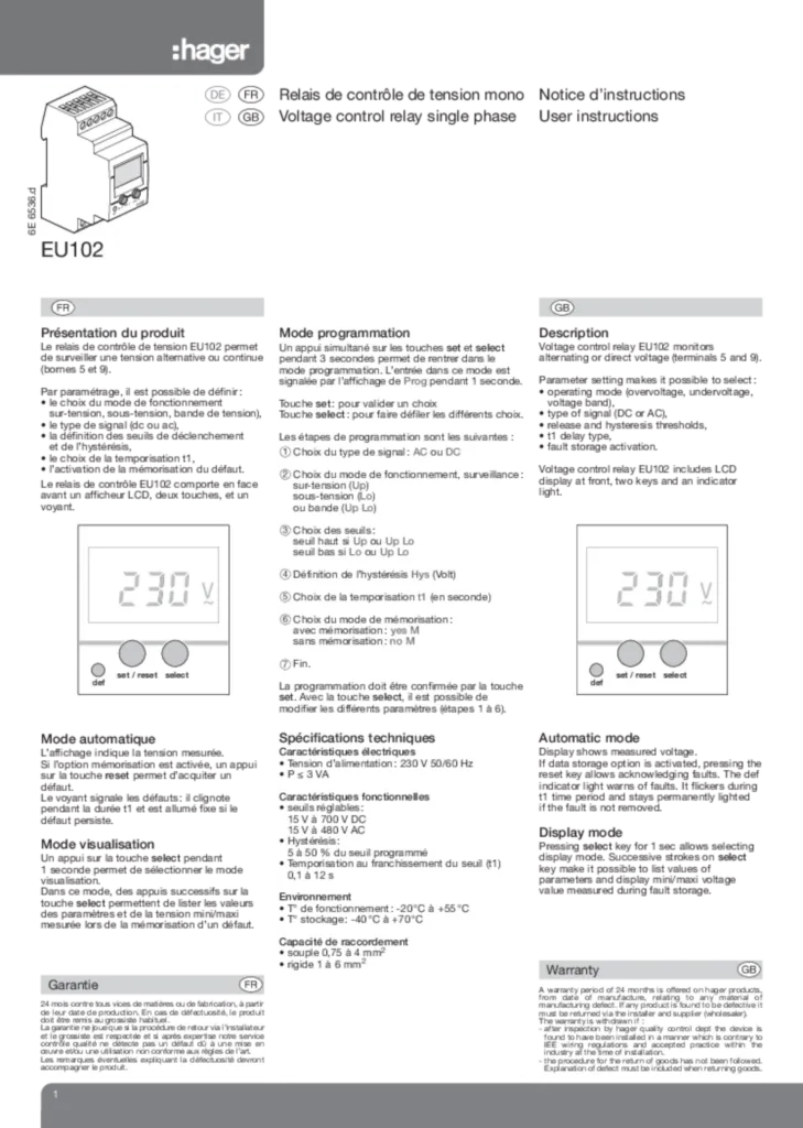 Bild Bedienungsanleitung für EU102 - Kontrollrelais, Spannung, 1 ph, LCD-Display (DE-EN-IT-FR, Stand: 10.2011) | Hager Deutschland