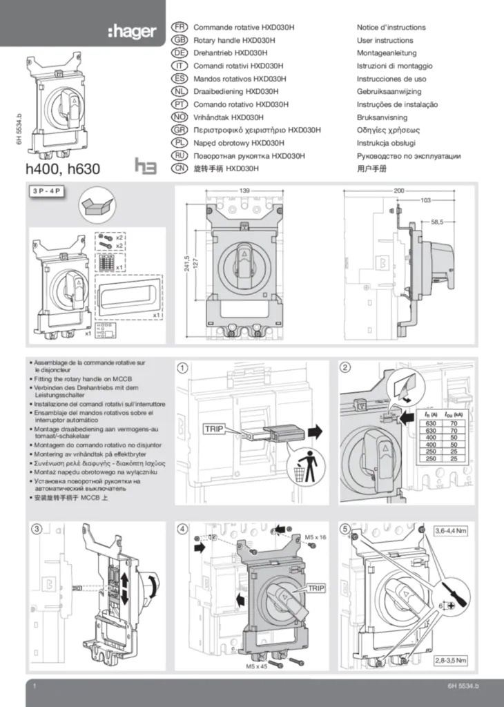 Bild Montageanleitung für HXD030H - Drehantrieb für Baugröße h630 (multi-language, Stand: 02.2012) | Hager Deutschland