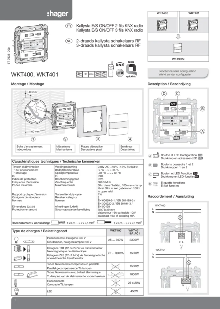 Image Kallysta E/S ON/OFF 2 et 3 fils KNX Radio WKT400, WKT401 | Hager France