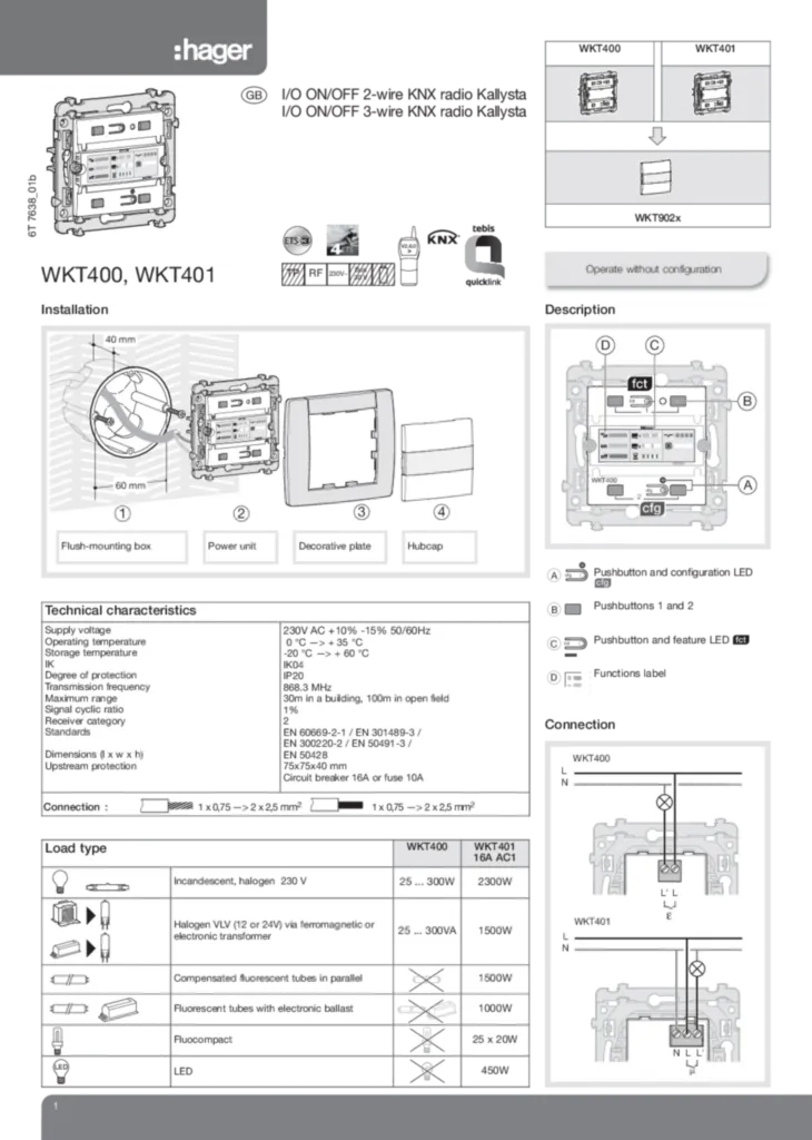 Image Kallysta E/S ON/OFF 2 et 3 fils KNX Radio WKT400, WKT401 | Hager France