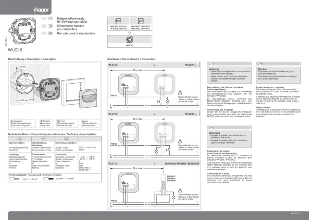 Bild Betriebsanleitung für WUC10 - Nebenstelleneinsatz für Bewegungsmelder WUC20/30 für Sensor WYC50xx (DE-PT-EN-FR-ES-NL, Stand: 02.2011) | Hager Deutschland