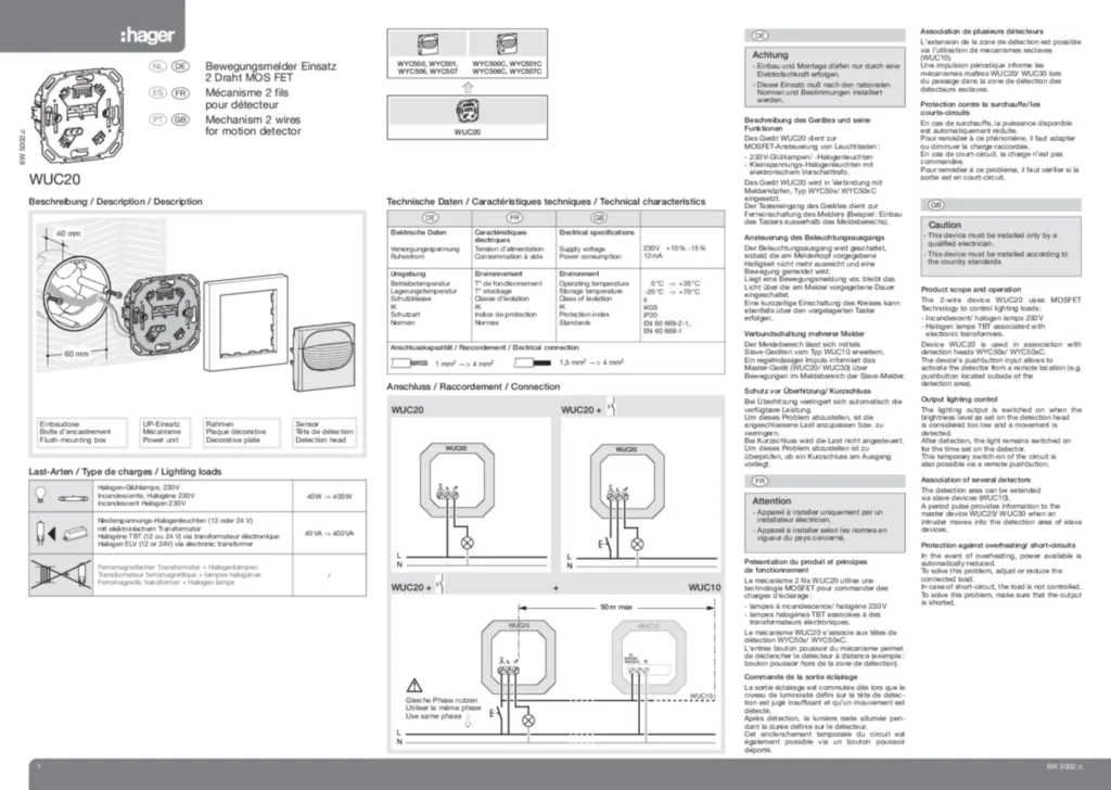 Bild Betriebsanleitung für WUC20 - Schalteinsatz 1fach, Bewegungsmelder Einsatz (DE-PT-EN-FR-ES-NL, Stand: 02.2011) | Hager Deutschland