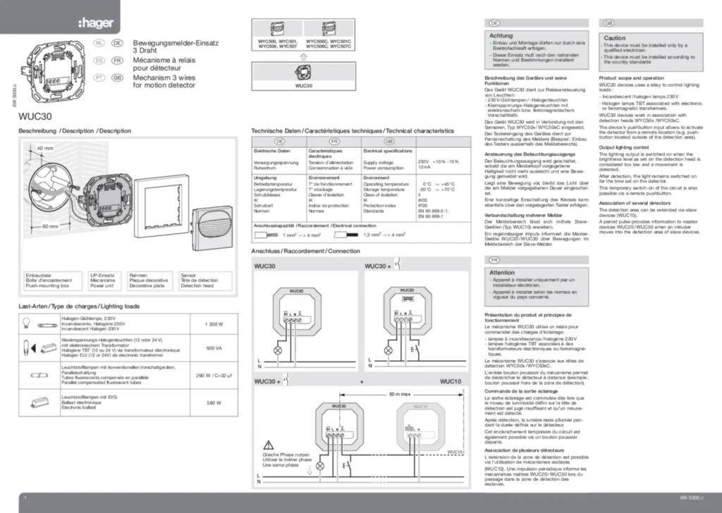 Bild Betriebsanleitung für WUC30 - Bewegungsmelder Einsatz, Relais, 3 Draht für Sensor WYC50xx (PT-EN-FR-ES, Stand: 02.2011) | Hager Deutschland