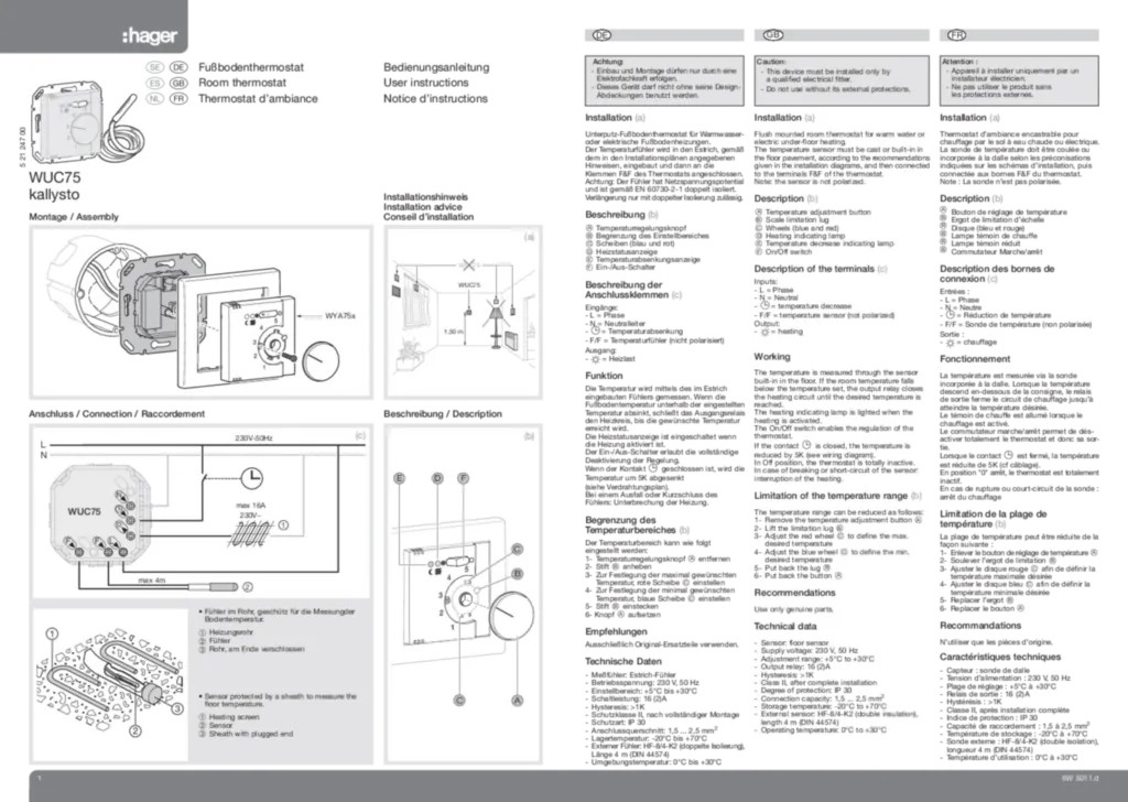 Bild Installationsanleitung für WUC75 - Raumtemp.regler Einsatz, für Fußbd.heiz., elektro., Schalter, LED, Fernfühler (DE-SV-EN-FR-ES-NL, Stand: 01.2010) | Hager Deutschland