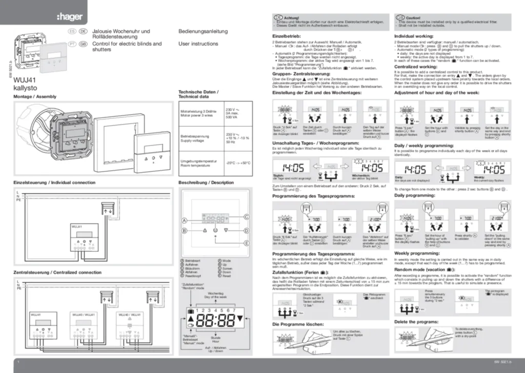 Bild Montageanleitung für WUJ41 - Rollladen/Jalousie Wochenuhr, Einzel- und Gruppensteuerung, 230 V AC (DE-PT-EN-ES, Stand: 10.2009) | Hager Deutschland