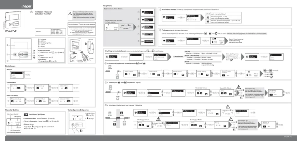 Bild Bedienungs- und Montageanleitung für WYA470F - Rollladen-/Jalousie Schaltuhr Komfort mit Funkschnittstelle (DE, Stand: 09.2011) | Hager Deutschland