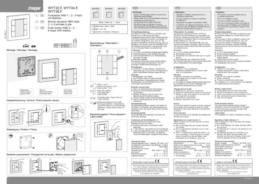 Bild Montageanleitung für WUT320F, WYT320F - Funk Multifunktions- Tastsensor, KNX (DE-PT-EN-FR-ES-NL, Stand: 12.2009) | Hager Deutschland