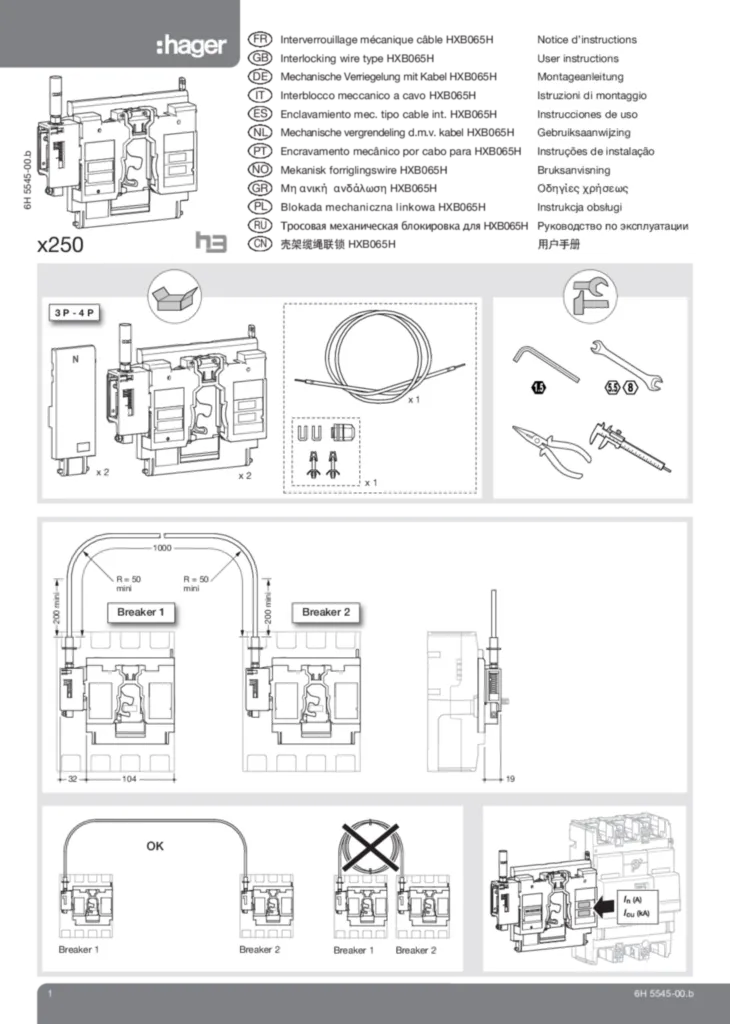 Bild Montageanleitung für HXB065H - Mechanische Verriegelung für Baugröße x250 Set, Frontplatte (RU-PT-EN, Stand: 03.2011) | Hager Deutschland