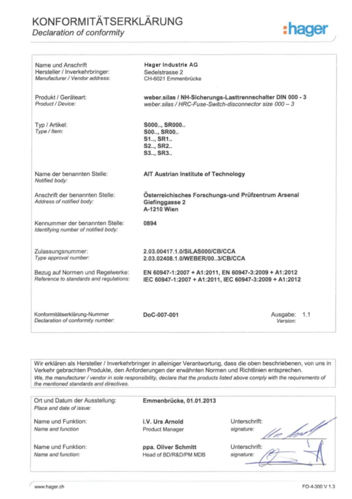 Bild Zertifikat für S0xx, S1xx, S2xx, S3xx, SRxx - Sicherungslastrrennschalter (DE, Stand: 04.2016) | Hager Schweiz